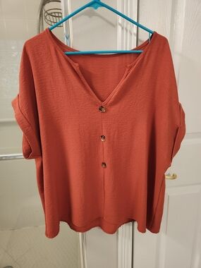 Women's Rust Button-Front V-Neck Top 1X